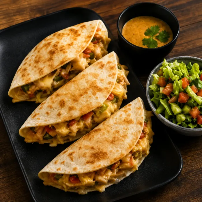 Drei goldbraun gebackene Quesadillas mit Hähnchen, Käse und Paprika auf schwarzer Platte, dazu Dip und Salat
