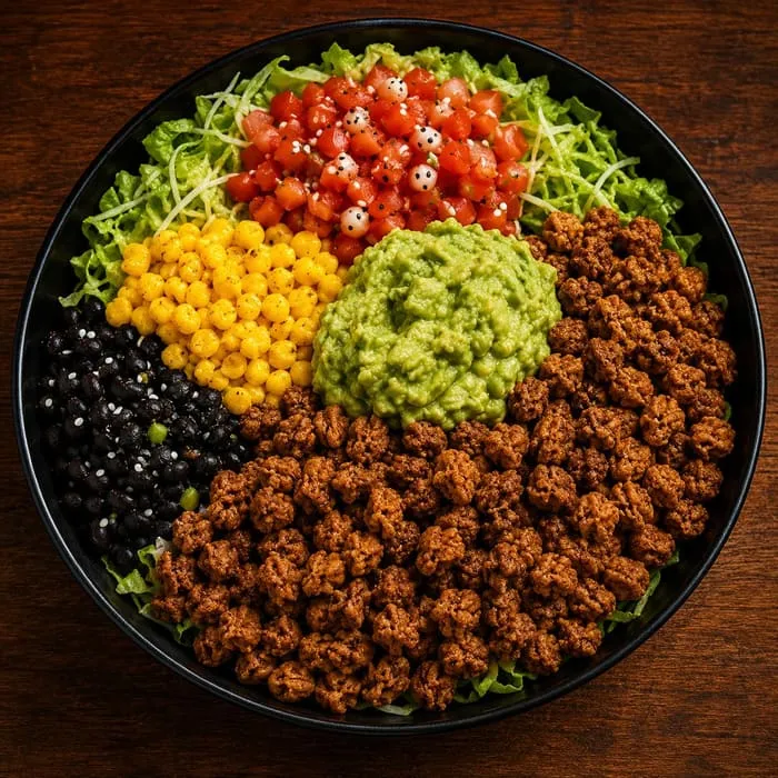 Bowl mit gewürztem Hackfleisch, Guacamole, Tomaten, Mais, schwarzen Bohnen und Salat