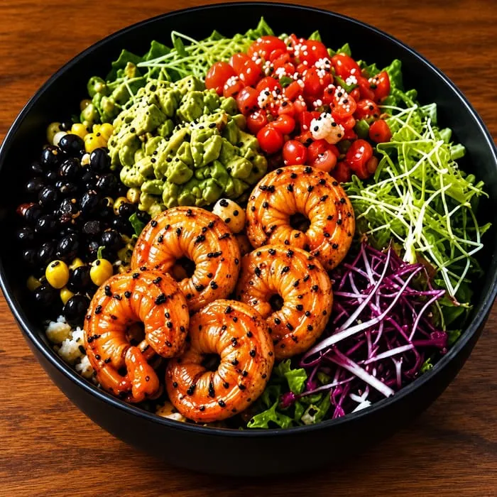 Bowl mit Garnelen, Avocadocreme, Tomaten, schwarzen Bohnen, Rotkohl und Sprossen