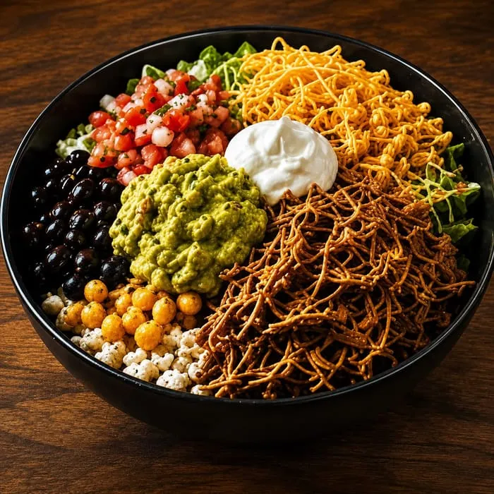 Bowl mit geschmortem Fleisch, Käsestreifen, Guacamole, Sauerrahm, Tomatensalsa und schwarzen Bohnen