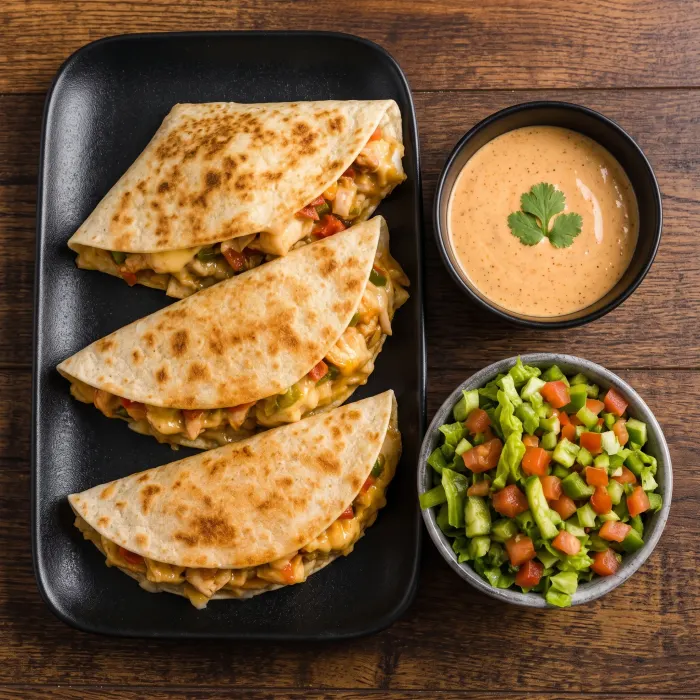 Quesadillas von oben, daneben ein Schälchen Chipotle-Dip mit Koriander und ein frischer Salat