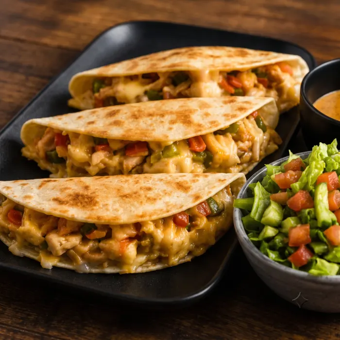 Quesadillas im Anschnitt: geschmolzener Käse mit Hähnchen und Paprika, serviert mit Salat und Dip