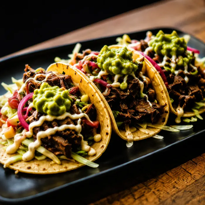 Drei Tacos mit geschmortem Rindfleisch, Guacamole, roten Zwiebeln und heller Sauce