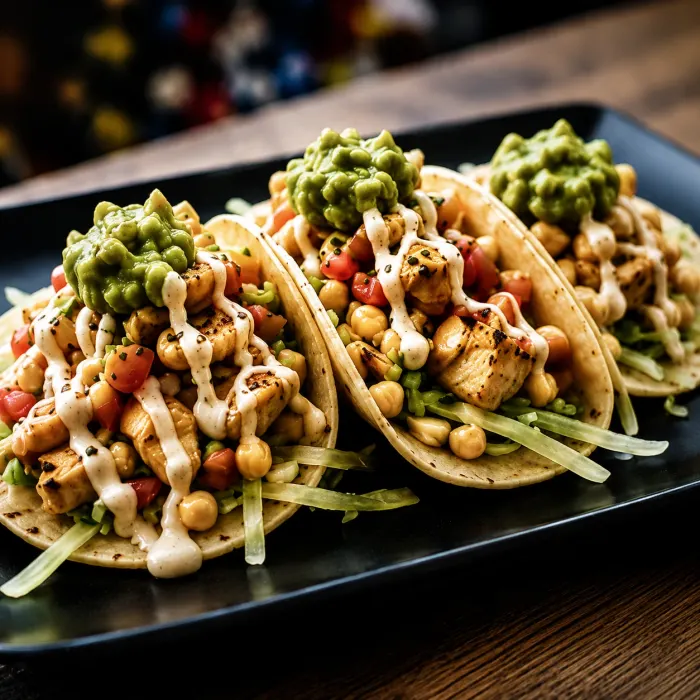 Drei Tacos mit gegrilltem Hähnchen, Kichererbsen, Guacamole und heller Sauce