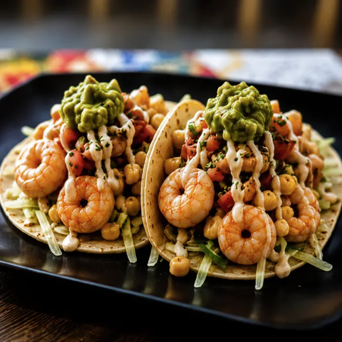 Zwei Tacos mit Garnelen, Guacamole, Mais und heller Sauce auf schwarzer Platte